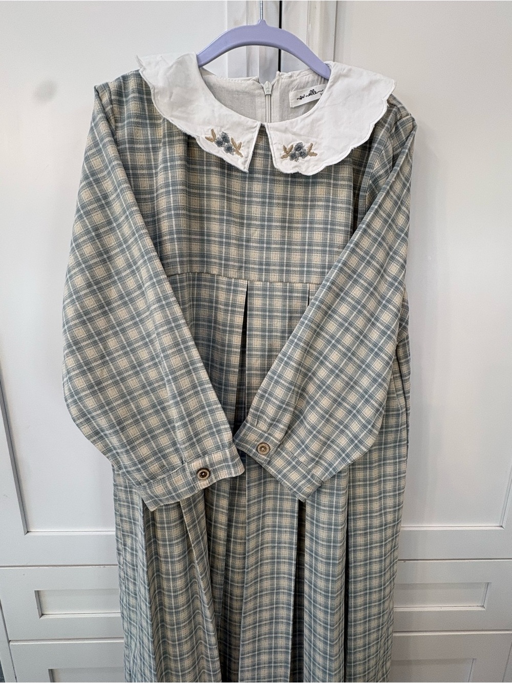 Girls Plaid Dress with Embroidered Peter Pan Collar - Sage Green